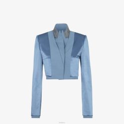 Fendi mujer chaqueta de gabardina de satén y lana 2LH8E1125 vestir azul